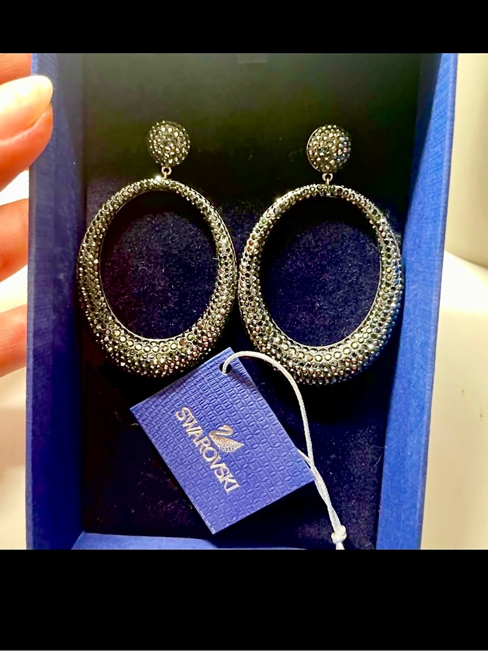 Large Vintage Swarovski Hematite Crystal Pave Oval Drop Earrings (never worn)